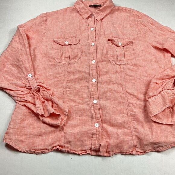 Saks Fifth Avenue Womens Linen Button Down Shirt Orange Long Sleeve Casual Large - Picture 2 of 11